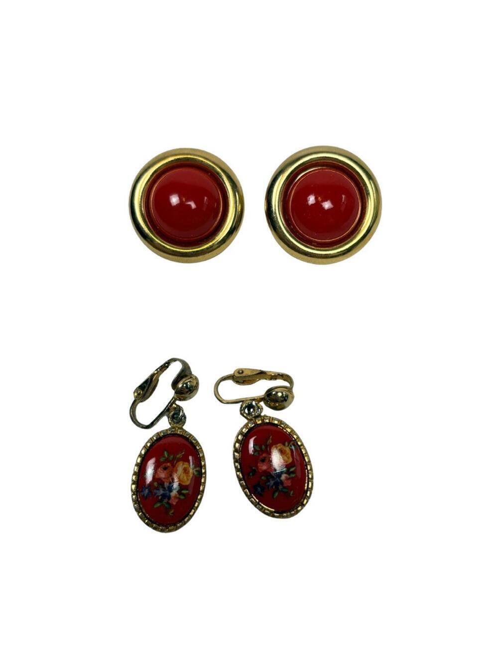 Vintage Red Clip on Earrings Foral cabochon drop earring and Gold and Red Stud